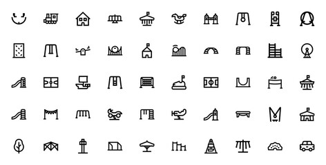 Playground icon set. Childhood and amusement park vector icons. Minimalist line art pack. Includes playground, childhood, amusement park, climb, sports ball, sailing boat, soccer field, skater, fun, g © wang