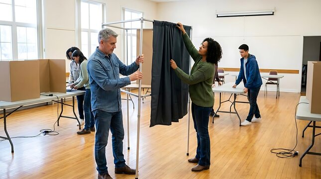 People preparing voting booths for election day event