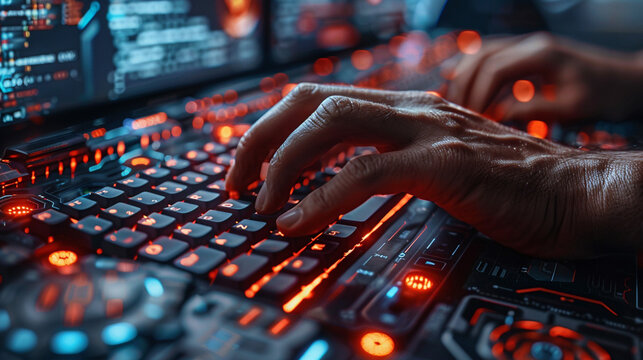 Close-up of hands typing on futuristic keyboard with glowing keys and computer screen showing code.