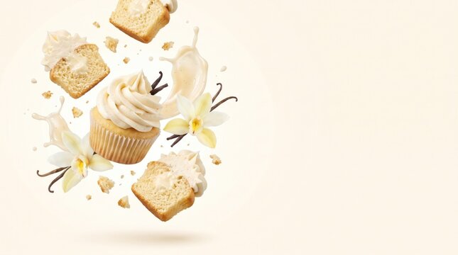 Vanilla cupcake food explosion photo with sliced cake pieces, cream splashes, vanilla flowers, and beans on cream background for bakery advertising and website banner