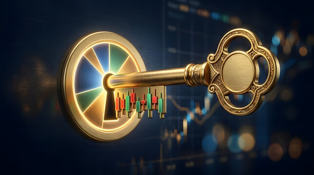 Golden key unlocking digital data and technology access.