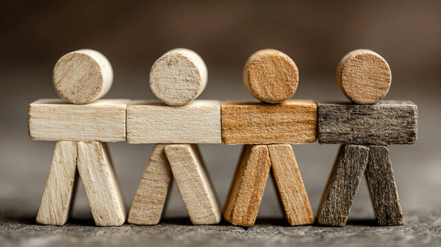 Corporate teamwork and leadership concept with wooden blocks showing collaboration organizational structure partnership management strategy effective team coordination and success planning