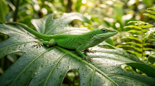 Green lizard, tropical leaf, jungle wildlife, reptile animal, natural habitat