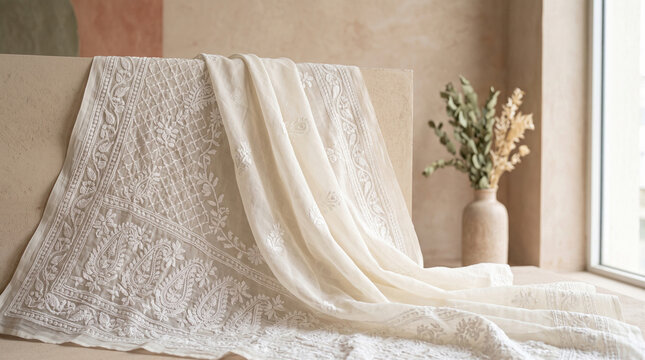 Elegant Off White Embroidered Fabric Draped on Stone Pedestal in Minimalist Interior Setting