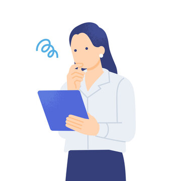 仕事に行き詰まって考え込む女性タブレットを持ちながら悩むビジネスパーソンのイラスト素材