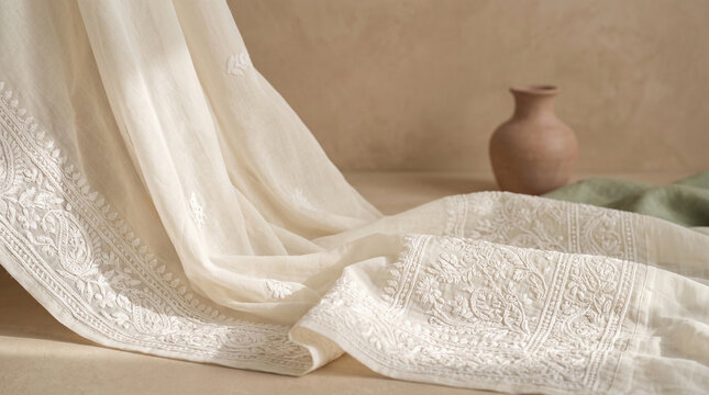 Elegant white embroidered linen fabric draped on a beige surface with a clay vase background
