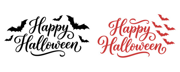 Happy Halloween calligraphy typography design with spooky bats for holiday greeting cards and party decorations © MostAmina