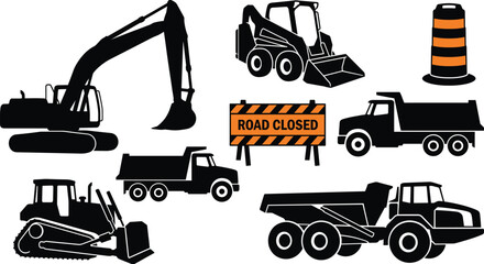 Construction Vehicle and Road Work Icon Collection with Excavator Bulldozer Dump Truck Hauler Traffic Barrel and Road Closed Sign Symbols © GeetaRani