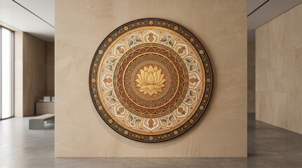 Obraz premium Large ornate gold lotus mandala wall art in a modern minimalist interior gallery setting