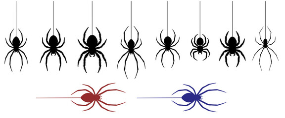 Set of hanging spider silhouettes and insect icons in black red and blue colors for Halloween design projects © MostAmina