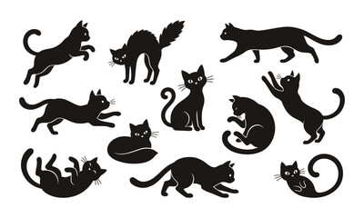 Obraz premium Collection of black cat silhouettes in various poses including sitting jumping and stretching for Halloween and pet themed design projects