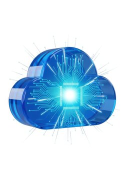 3D Cloud Computing Concept with Integrated Circuit Board and Glowing Data Center Isolated on White Background