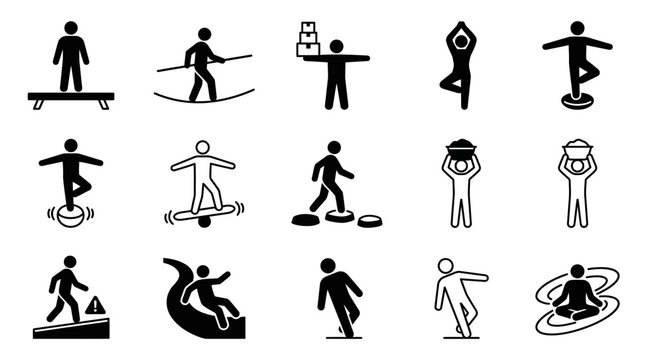 Professional Black and White Icons Set of Gymnastics and Acrobatic Moves with Simple Line Art Style