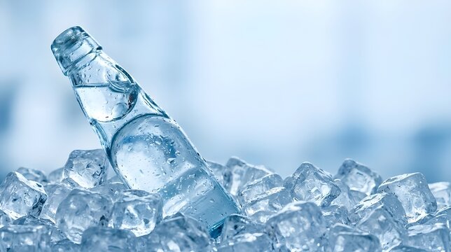 Chilled Japanese Ramune Soda Bottle on Ice with Condensation and Copy Space