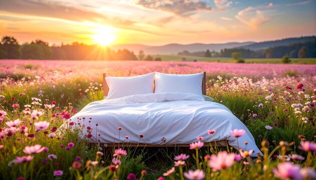 Dreamy white bed set in the middle of a breathtaking pink wildflower field during soft morning light. A whimsical, serene concept ideal for bedding brands, wellness products