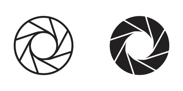 Camera lens aperture icons set, black and white shutter symbols for photography and video production