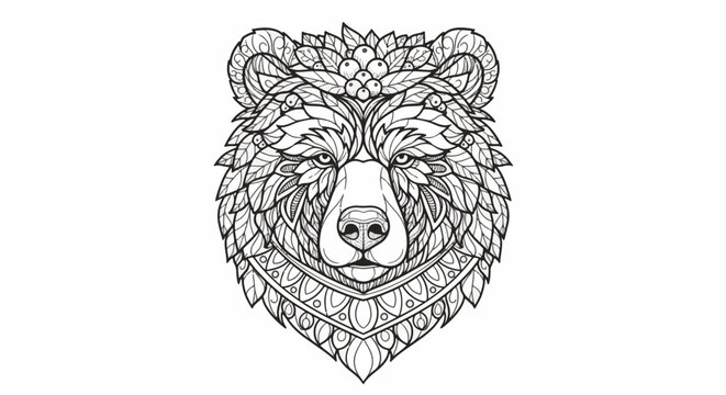 Detailed black and white vector illustration of a bear head silhouette featuring intricate mandala patterns, floral elements, leaves, and berries for adult coloring books.