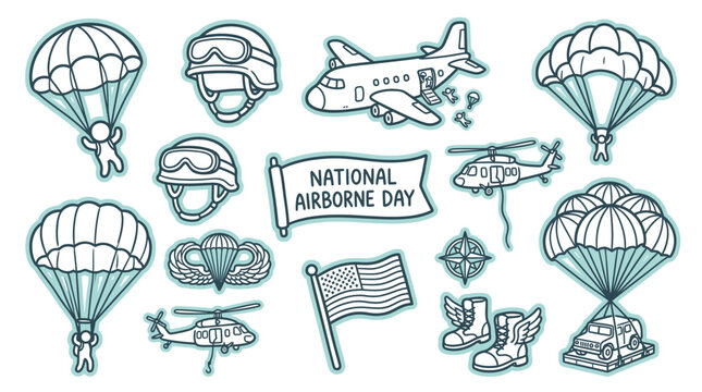 National Airborne Day Doodle Collection Featuring Parachutes, Helicopters, Airplanes, and Military Gear.