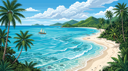Fototapeta premium Realistic tropical ocean paradise banner with palm trees turquoise water and a vibrant beach scene for advertising