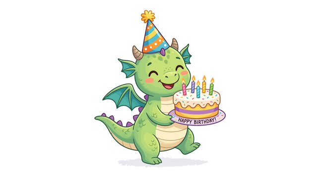 Cute green dragon holding birthday cake with candles party hat
