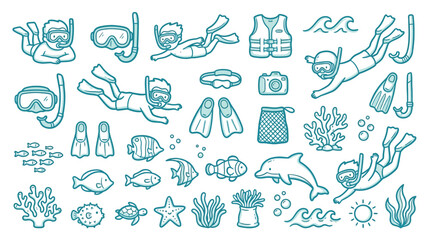 Collection of hand-drawn illustrations depicting snorkeling and diving activities with marine life and equipment. © Meila