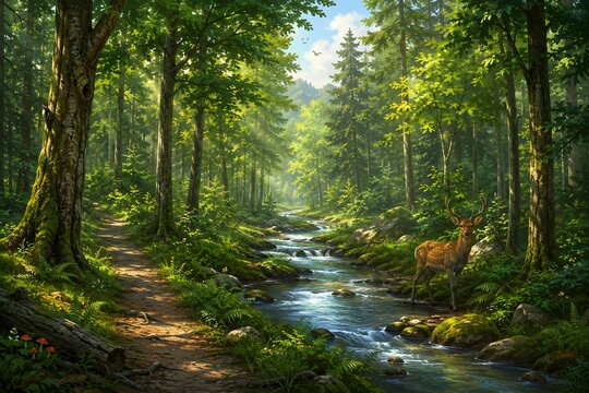 River in the forest with deer forest nature trees path green landscape tree road water woods spring river stream wood.
