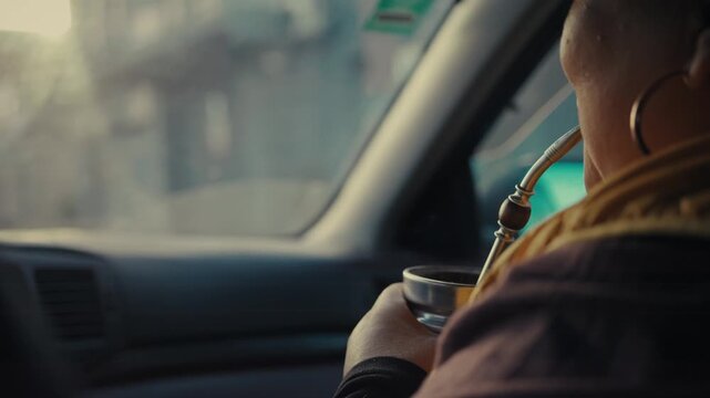 Person sips mate from a metal cup. They wear a brown jacket with a yellow scarf. Large hoop earrings flash in the light. Calm expression as they drive. Blurred cityscape through the window
