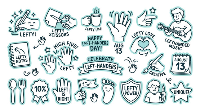 Happy Left-Handers Day celebration with cute doodles and icons representing left-handed activities and symbols.