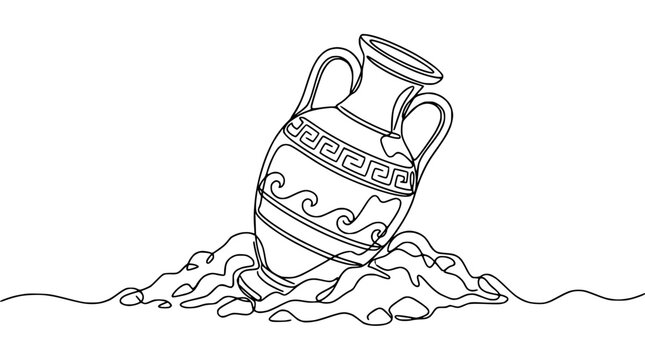 Ancient Greek Amphora Vase Illustration on White Background, Single Line Art
