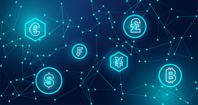 Glowing currency symbols, Euro, Dollar, Franc, Yen, Pound, Bitcoin, interconnected by a digital network on a dark blue background, represent global financial technology and blockchain.
