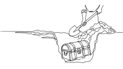 Discovery of ancient treasure chest buried underground with shovel and dirt pile, single line art © Tanduran