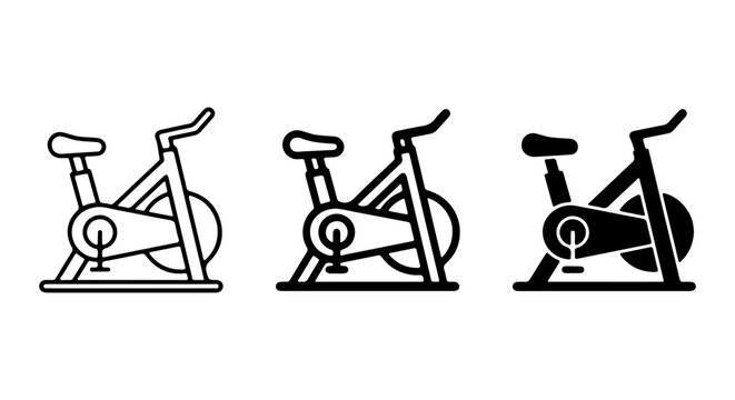 Spin Bike Icons, Stationary Exercise Bicycle Vector Graphics, Indoor Cycling Equipment Set