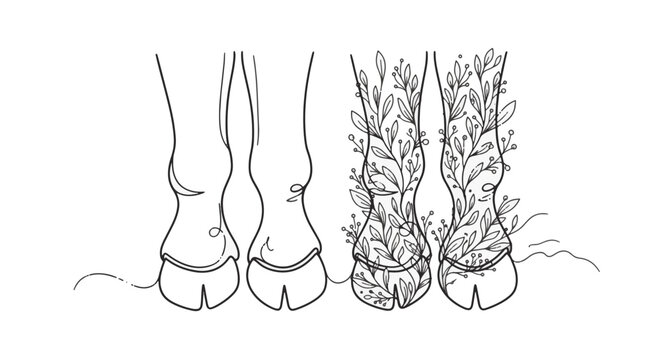Minimalist black line art illustration of four cloven animal hooves on a white background, featuring botanical leaf patterns integrated into two of the legs for a natural aesthetic.