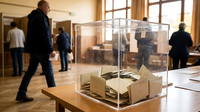 People casting votes in transparent ballot box at polling station election day
