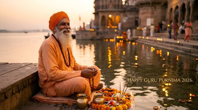 Elderly guru meditating by Ganges river at sunset with diyas and flowers