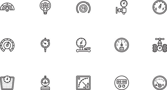 Industrial measurement instruments and pressure valve outline vector icon set featuring analog flow meters pipe regulators thermometers and dial indicators