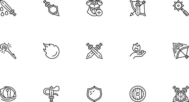 Medieval fantasy game outline vector icon collection featuring crossed swords magical fireballs heavy chest armor plates and magic spells for rpg inventory ui