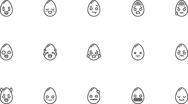 Cute outline vector icon set featuring funny egg shaped characters with various facial expressions including sad confused and sweating emojis for chat stickers