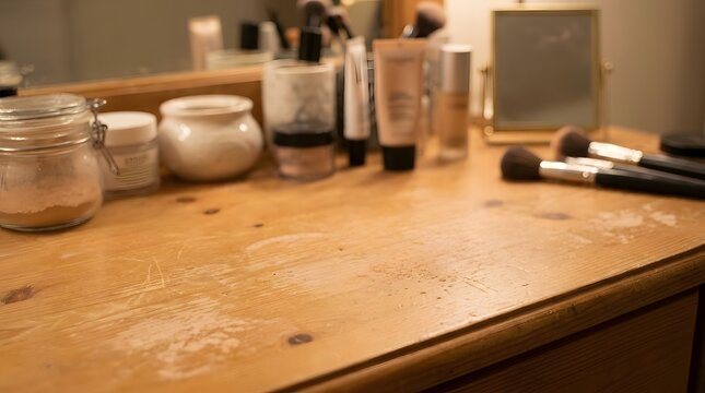 Rustic wooden vanity table surface with scattered face powder and professional makeup brushes beside skincare jars and mirrors in warm dimly lit cozy bedroom dressing area interior space.