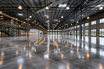 Naklejka premium Large empty warehouse with polished floor located in an industrial area