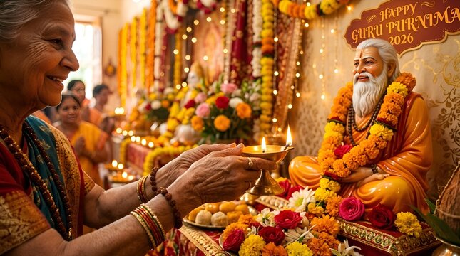 Elderly Woman Offers Lamp to Statue of Guru on Guru Purnima Festival