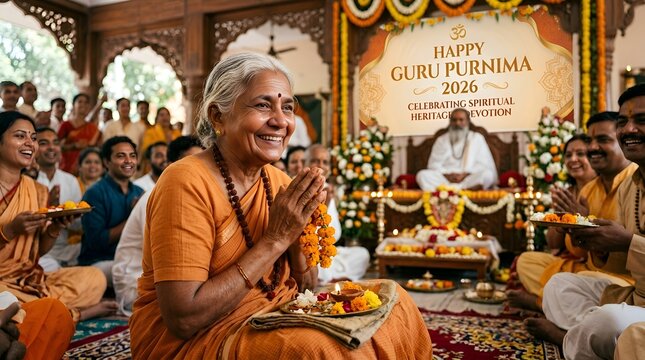 Elderly woman welcomes on Guru Purnima festival, people gathered at spiritual celebration