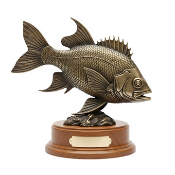 A bronze fish trophy sculpture mounted on a polished wooden base with an empty golden nameplate, isolated against a solid black background isolated on a transparent background