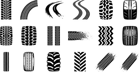 Fototapeta premium Black Tire Tread Marks Silhouette Icons Set with Car Wheel Tracks Off Road Patterns and Grunge Skid Textures