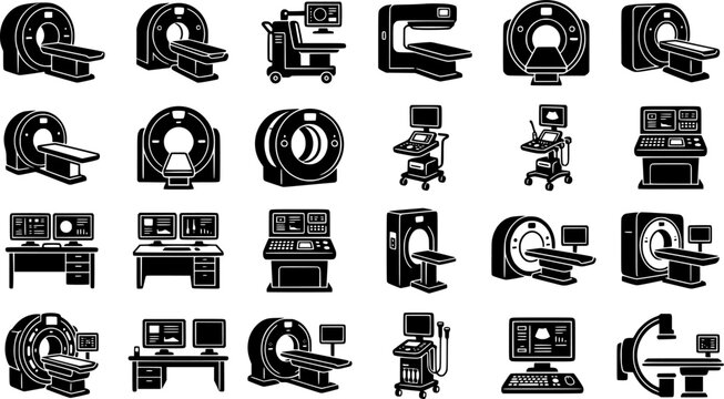 Medical Imaging Equipment and Diagnostic Radiology Icons Set with MRI CT Scanner Mammography X-Ray and Ultrasound Machines