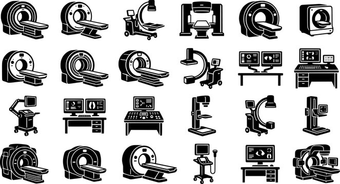 Medical Imaging Equipment and Diagnostic Radiology Icons Set with MRI CT Scanner Mammography X-Ray and Ultrasound Machines