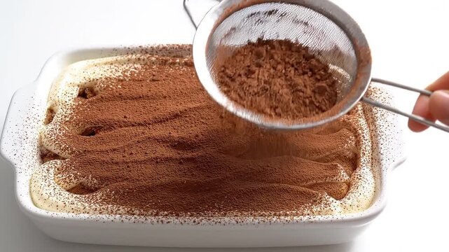 Dusting cocoa powder onto a creamy dessert using a fine mesh sieve a hand holding a stainless steel to dust over a smooth layer of cream on a dessert, creating cream baking culinary chocolate topping