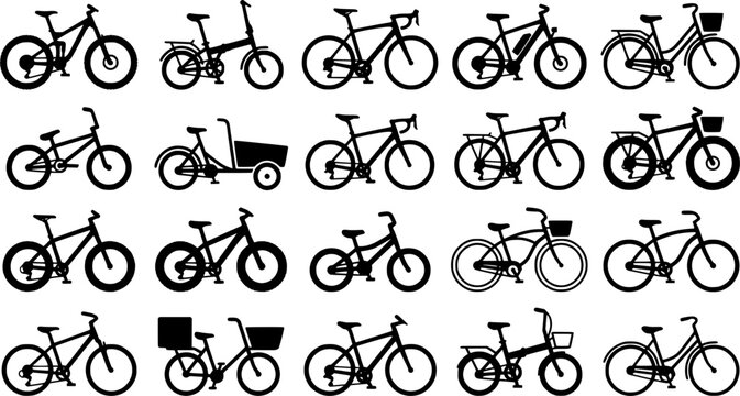 Black Bicycle Silhouette Icons Set with Mountain Bike Road Bike City Bike and Cargo Bike Variations