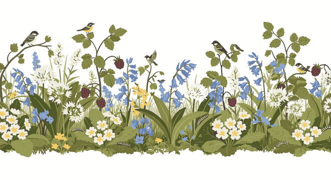 Seamless woodland glade floral border with bluebells, primroses, wild garlic, blackberries, garden birds, and caterpillars on a white background, botanical illustration.