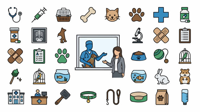 Flat Vector Icon Set for Veterinary Clinic, Featuring Veterinarian, Pet Owner, Dog, Cat, Rabbit, Hamster, Fish, Bird, and Medical Supplies